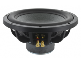 An isometric view of a 12 inch, 4 ohm dual magnet subwoofer from MISCO Speakers -- OEM model OOC12WF-4-4B.