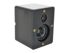 A 3" x 3" x 4" black satellite enclosure with 2-way speaker and tweeter from MISCO Speakers - 93125.