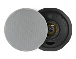 The grille and exposed view of a 4 inch coaxial ceiling speaker assembly from MISCO Speakers - Oaktron model 93142.
