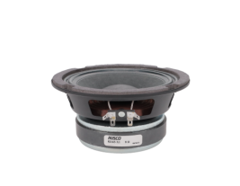 Side view of a MISCO 82165-X1 6.5-inch pro midbass woofer showing copper voice coil and terminal connectors.