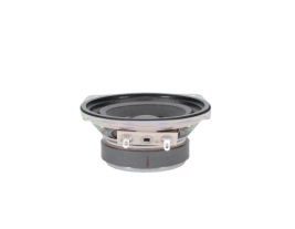 Side view of the MISCO 93005 speaker showcasing its 2.5-inch basket diameter with a paper cone and inverted cloth surround, housed within a robust steel frame, ideal for high-fidelity sound in compact spaces.