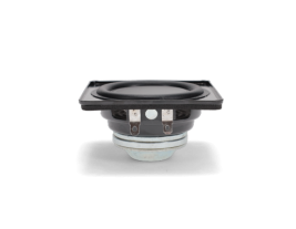 Front view of a 3 Inch (77 mm) 4 Ohm Mini-Woofer 93025, featuring a flat polypropylene cone with a rubber surround in a steel basket, designed for versatile audio applications.