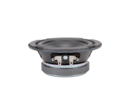 Side view of the MISCO Oaktron 93027, a 5-inch home audio woofer, showcasing the connection terminals and part of the stamped steel frame, designed for quality bass in DIY loudspeaker projects.