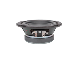Side angle front view of the MISCO Oaktron 93028, a 5-inch, 8-ohm woofer designed for crisp sound reproduction in home audio applications, displaying its sturdy construction and attention to acoustic detail