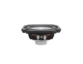 The side angle of the MISCO 93075 woofer highlights the flame-retardant rubber surround and aluminum dome cone, which contributes to its suitability for sealed or vented enclosures in home audio projects.