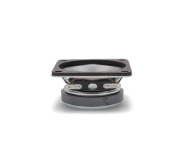 Angled side view of MISCO 88019 OEM speaker, highlighting its compact steel basket and water-resistant design.