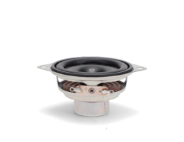 Angled view of the Oaktron 93003 speaker highlighting its aluminum cone and stamped steel basket.