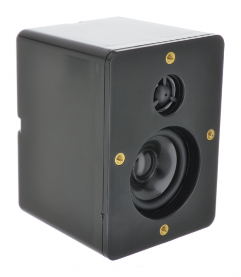 A 3" x 3" x 4" black satellite enclosure with 2-way speaker and tweeter from MISCO Speakers - 93125.